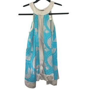 Alice + Trixie XS Y2K Satin Halter Tunic Top Blue Geometric Print- Art Deco